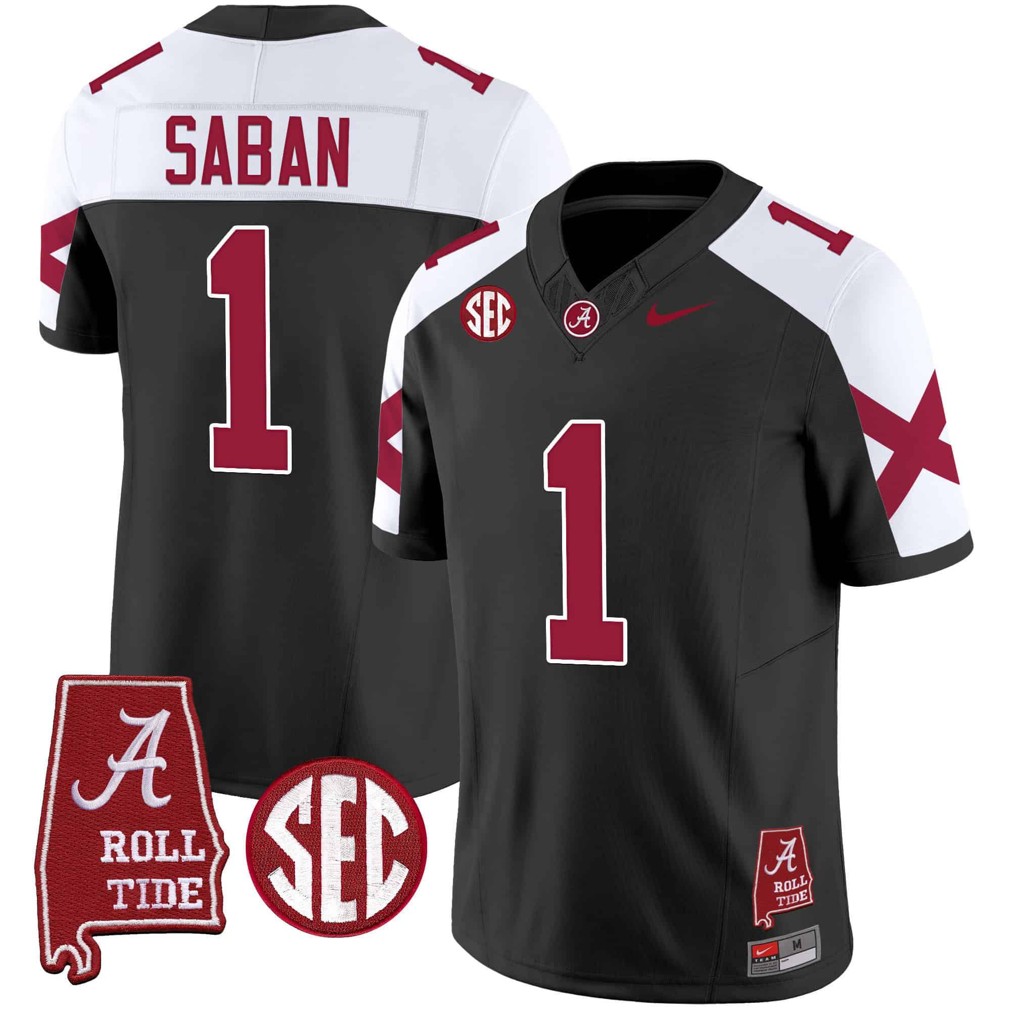 Men Alabama Crimson Tide #1 Saban Black Map Vapor Limited 2024 Nike NCAA Jersey style 1